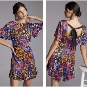 NWT Anthropologie Ruffled Floral Mini Dress With Open Back With Bow Size 6